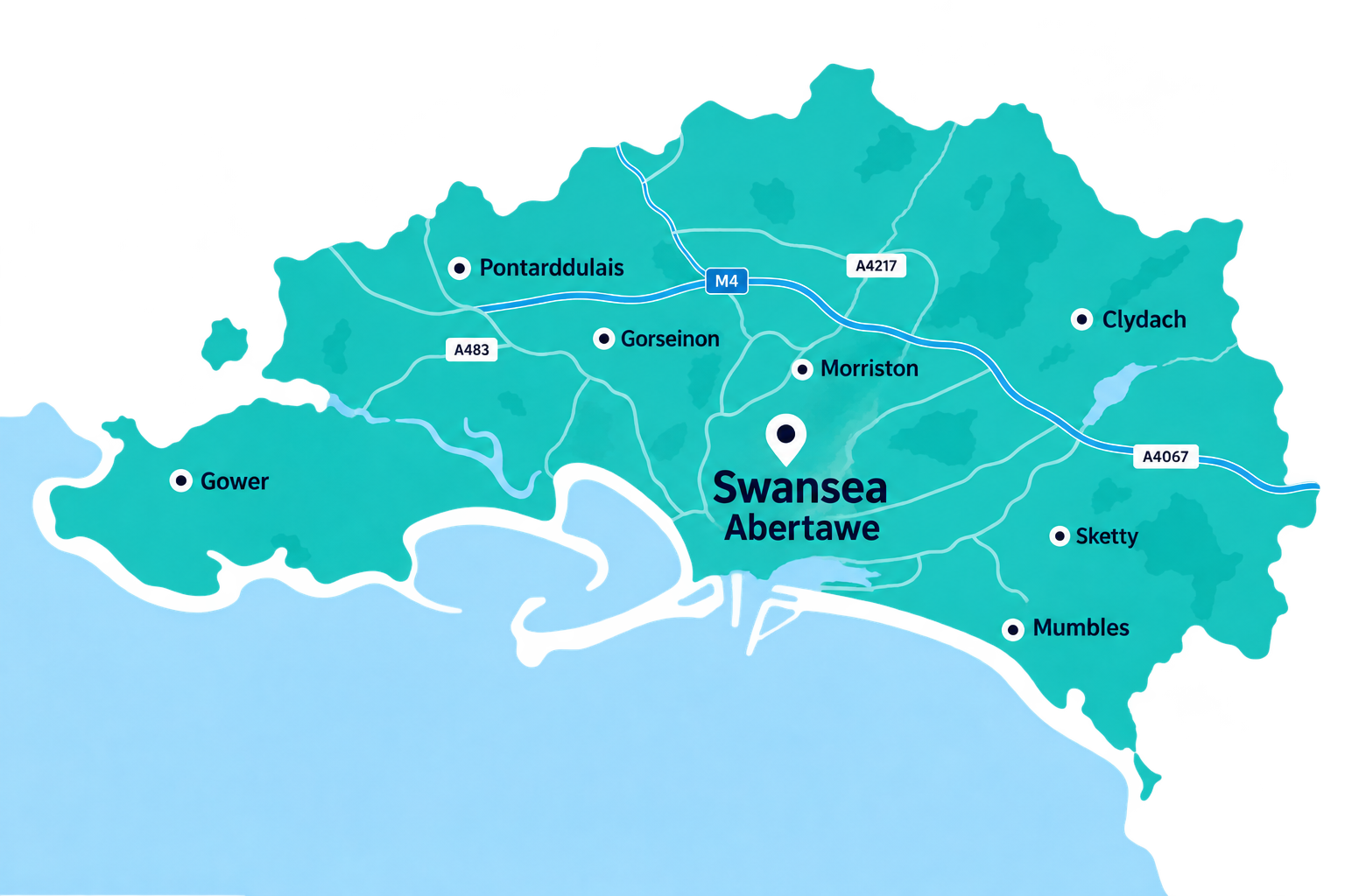 Illustrated map of Swansea and surrounding communities including Gower, Mumbles, Morriston and Gorseinon